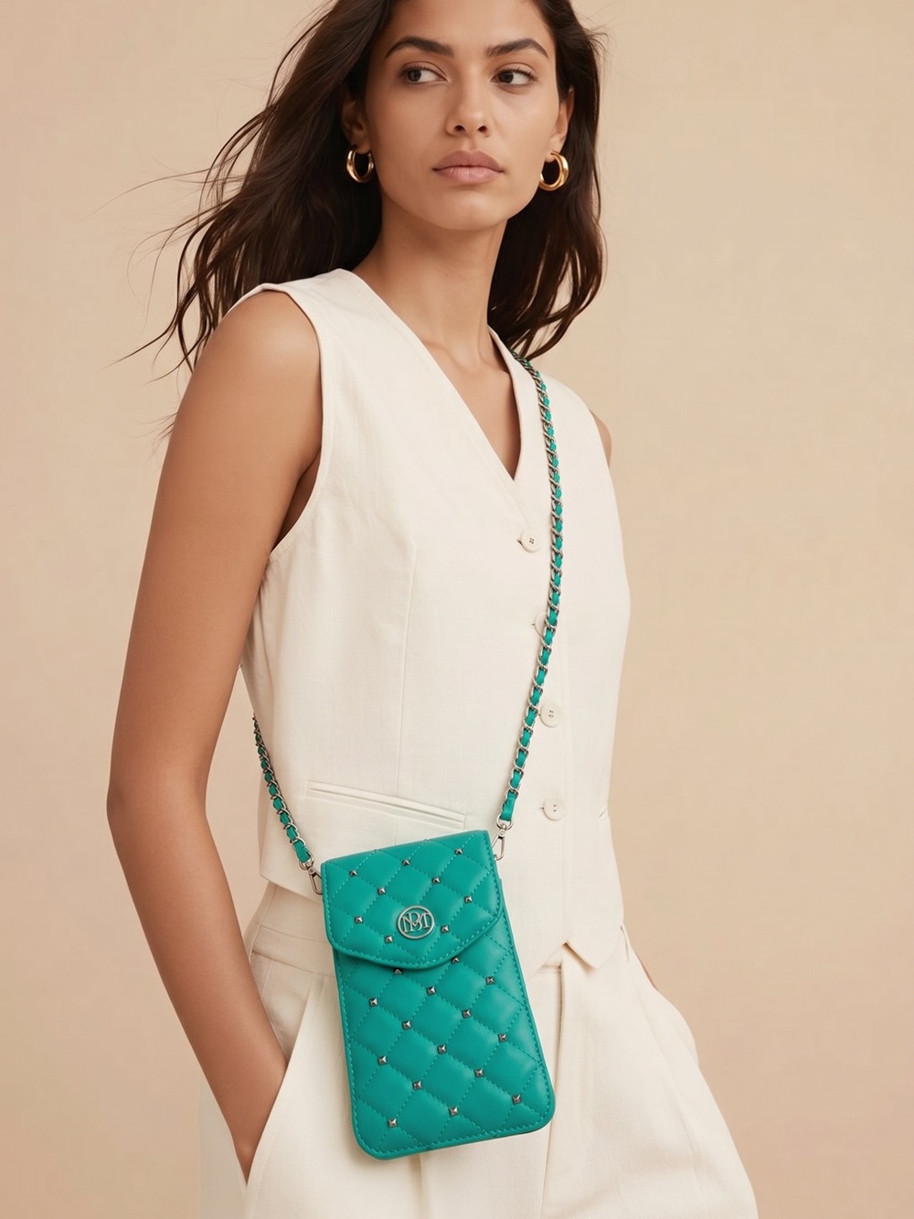 Badgley Mischka Teal Quilted Crossbody Phone Pouch - Picture 2 of 4